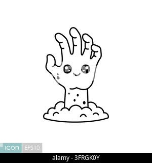 Lustige Umriss-Vektorillustration einer niedlichen Cartoon-Zombiehand, die aus dem Boden steigt. Perfekt für gruseliges Halloween-Party-Dekor, Kinderaktivitäten und Stock Vektor