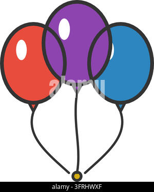 Flache Vektorillustration von drei Partyballons in Rot, Blau und Lila mit welligen Schnüren, isoliert auf weißem Hintergrund. Stock Vektor