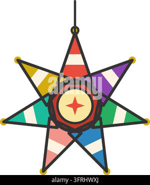 Flache Vektorillustration einer bunten Stern-Pinata mit gestreiften Kegeln, die an einer Schnur hängen, isoliert auf weißem Hintergrund. Stock Vektor