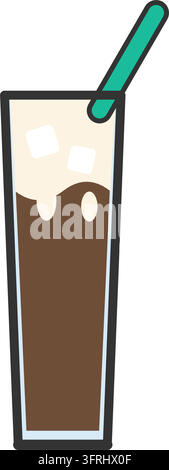 Flache Vektorillustration eines hohen Glases Eiskaffee mit Eiswürfeln und einem blaugrünen Trinkhalm, isoliert auf weißem Hintergrund. Stock Vektor