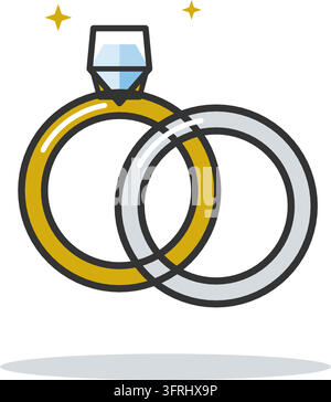 Paar Eheringe, ein Goldband mit Diamant-Solitär und ein schlichtes Silberband. Flache Vektorillustration, isoliert auf weißem Hintergrund. Stock Vektor
