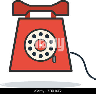 Klassisches rotes Wählscheibentelefon mit Hörer, cremefarbener Wählscheibe, Fingerhalter und gekräuseltem Kabel. Flache Vektorillustration, isoliert auf weißem Hintergrund. Stock Vektor