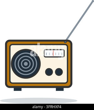 Vintage-Tischradio mit Lautsprecherabdeckung, Tunerknopf, Reglern und ausziehbarer Antenne. Flache Vektorillustration, isoliert auf weißem Hintergrund. Stock Vektor