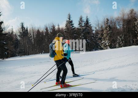 Aktives Paar lädt Langlaufski durch verschneite Landschaft während des Winterurlaubs. Stockfoto