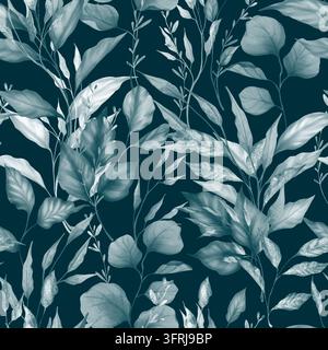 Blaugraues botanisches Blattmuster auf dunklem blaugrünem Hintergrund Stockfoto