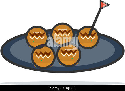 Flache Vektorillustration von Takoyaki-Bällchen auf einem Teller mit Soße und Mayonnaise-Drizzle, Bonitoflocken und Aonori, isoliert auf weißem Hintergrund. Stock Vektor
