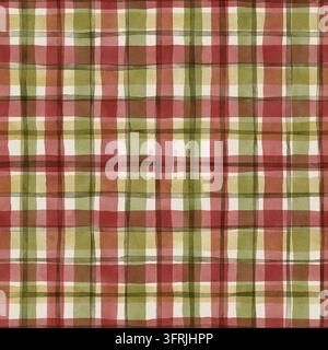 Aquarell-Plaid-Muster ohne Ende in Rot, Grün und Braun. Vintage-Tartan-Karomuster schafft ein gewebtes Textildesign. Verwendung für Stoff- und Bekleidungsdruck. Gemütlicher Weihnachtsstil passt zu Tischdecken und Decken. Stockfoto