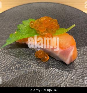 Lachs-Nigiri-Sushi, belegt mit Lachs-Rogen Ikura und einer frischen Shiso-Blatt-Garnitur in Hakata, Fukuoka, Japan. Stockfoto