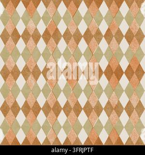 Argyle-nahtloses Muster mit Aquarell-Orangen- und Grünen-Rautenformen. Geometrische Diamanttextur schafft Vintage-Hintergrunddesign. Verwendung für Tapete Stockfoto