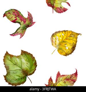 elegantes Herbst-Muster ohne Ende mit verschiedenen Herbstblättern. Aquarell-Herbstblätter-Muster ohne Ende auf weißem Hintergrund. Gemütliches Herbstlaub-Wiederholmuster Stockfoto