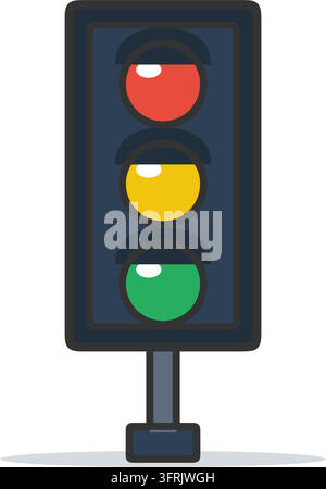 Ampel auf einem Mast mit roten, gelben und grünen Signallampen und Visieren, flache Vektorgrafik isoliert auf weißem Hintergrund. Stock Vektor