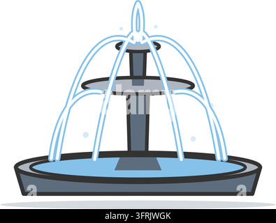 Dekorativer Stadtspringbrunnen mit breitem Becken, zwei Ebenen und gebogenen Wasserstrahlen, flache Vektorillustration isoliert auf weißem Hintergrund. Stock Vektor
