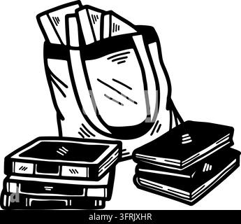 Schwarzweißillustration eines Beutels voller Bücher und eines Stapels Bücher Stock Vektor