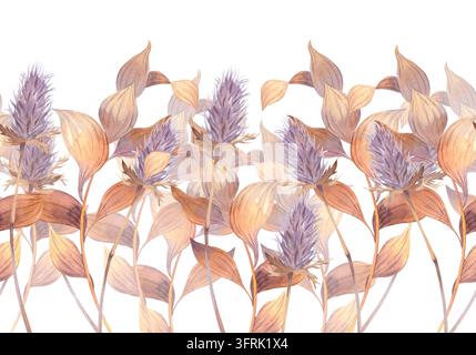 Aquarell-Distelflumen mit lavendelfarbenen stacheligen Blüten und warmem beigem Laub, arrangiert in einer horizontalen Bordurkomposition für Florendesign und Dekoration Stockfoto