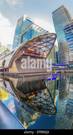 Vertikale Panoramaansicht, Außenansicht der Elizabeth-Line-Station am West India North Dock, Canary Wharf, Isle of Dogs, London Stockfoto