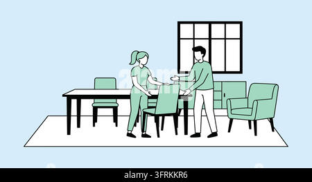 Paar arrangiert Möbel in einem modernen Wohnraum-Interieur Stock Vektor