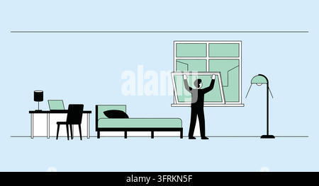 Person reinigt Fensterscheibe in einem Wohnzimmerinnenraum mit flachem Design Stock Vektor