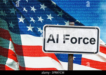 [M] Ein weißes, verwittertes Schild mit der Aufschrift "AI Force" vor einer im Wind wehenden US-Flagge und einem stilisierten Binärcode. Foto mit Komposition. Stockfoto