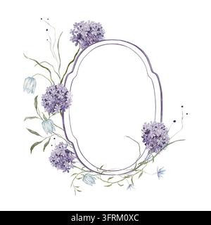 Handgemalte Aquarell-ovalrahmung mit Rand und lila Hortensien, blauen Glockenblumen und Olivenstielen über weißem Hintergrund. Geschlossener Ring, leer Stockfoto
