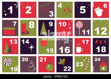 Weihnachts-Adventskalender-Poster. Minimalistisches Dezember-Ferien-Countdown-Gitter mit 24 Tageszahlen und Winter-Symbolen Stock Vektor