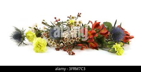 Blumen  Mittelmeer-Kugeldistel, Nelke, Alstroemerie und Wachblumen isoliert auf weißem Hintergrund. Rahmen aus blauer Meeresdistel, Eryngium bou Stockfoto