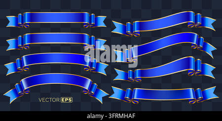 Elegante blaue Bänder mit goldenen Bordüren in verschiedenen Stilen, perfekt für Banner, Etiketten und dekorative Elemente. Vektorillustration Stock Vektor