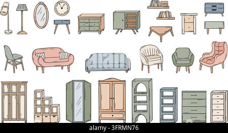 Wohnzimmermöbel. Isoliertes Sofa, Schrank, Regal, Sessel, Tisch, Spiegel im Bild, Lampen. Wartezimmer oder Bürozone, Home-Interior-Design Stock Vektor