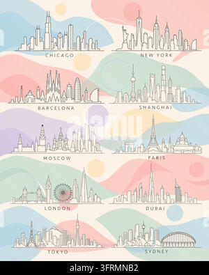 Weltstadt-Skyline und berühmte Wahrzeichen in minimalistischer Linienkunst auf pastellfarbenem Hintergrund Stock Vektor