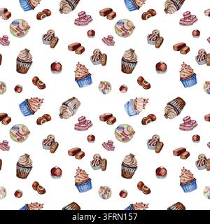 Nahtloses Muster mit Süßigkeiten, Makronen und Schokoladencupcakes, isoliert auf blauem Hintergrund. Handgezeichnete Aquarellillustration Stockfoto