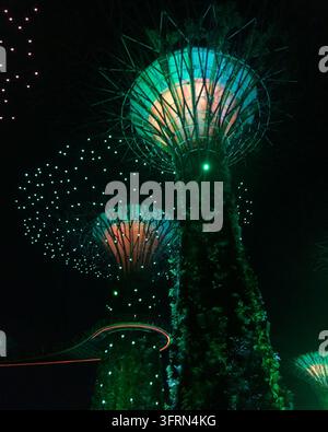 Beleuchtete Superbäume im Gardens by the Bay, Singapur, heben sich markant vor dem Nachthimmel ab. Turmhafte vertikale Strukturen, bedeckt mit Grünpflanzen a Stockfoto