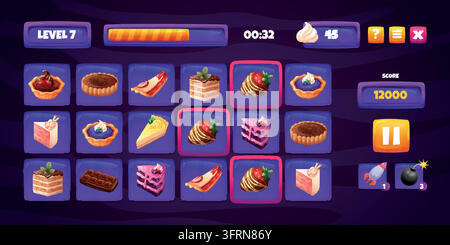 Candy-Match-Spiel. Süßigkeiten-Crush-Puzzle-UI, Button-Slot-Mobile-App-Dessert-Lebensmittel-Symbol-Rahmen-Bar-Kuchen-Schokoladen-Design-Smartphone-Telefon-Gaming-Schnittstelle-Cartoon-Vektor-Illustration-Originalgrafik Stock Vektor