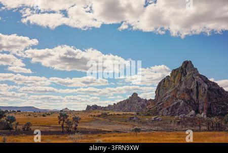 Niedriges Gras wächst auf afrikanischer Savanne, kleine felsige Berge im Hintergrund - typische prähistorische Landschaft im Isalo Nationalpark, Madagaskar Stockfoto