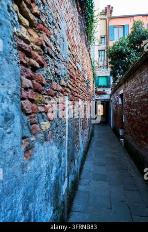 Schmale historische Gasse in Venedig, Italien, mit verwitterten Ziegelmauern, Steinpflaster und traditioneller venezianischer Architektur. Stockfoto