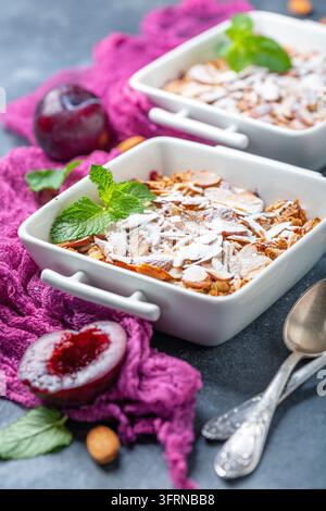 Roter Pflaumenstreusel mit Haferflocken, Mandelstreuseln in einer weißen Keramikschüssel auf dunklem Hintergrund mit einem lila Tuch, selektive Fokussierung Stockfoto