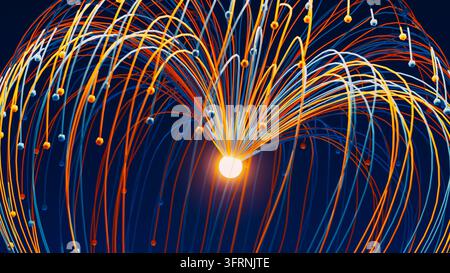 Abstrakte blaue, orange und weiße Lichtspuren bilden ein dynamisches Netzmuster auf einem dunklen Hintergrund und evozieren Datenfluss, Konnektivität, Technologie Stockfoto
