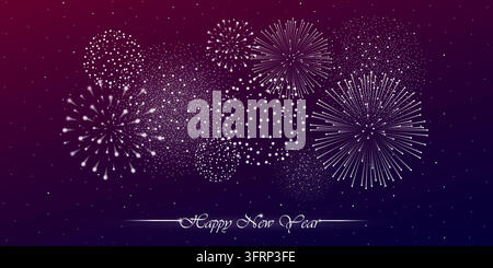 Feuerwerksshow auf violettem Nachthimmelhintergrund mit Glühen und Funkeln. Weißes Feuerwerk Happy New Year und Frohe Weihnachten Konzept. Glückwünsche Hintergrund Stock Vektor