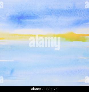 Handgemalte Aquarelle, blauer Himmel und Sonne, abstrakter Hintergrund in Aquarell Stockfoto