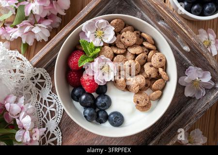 Frühstücksflocken mit Joghurt, Blaubeeren, Himbeeren und Frühlingsblumen auf einem rustikalen Hintergrund Stockfoto