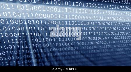 Bunte digitale binäre Daten Ziffern und Streaming-Binärcode Hintergrund mit Lichtstrahlen Stockfoto