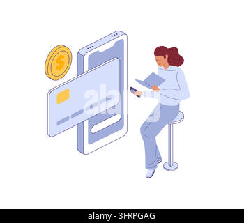 Mädchen sitzt auf Barhocker und liest Speisekarte mit Telefon in der Hand. Online-Zahlung. Mobiltelefon, Plastikkarte, Münzen. Vektorillustration. Stock Vektor