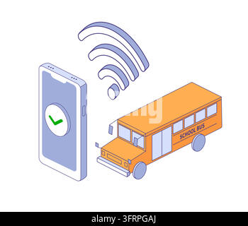Wi-Fi im Schulbus. Isometrische Illustration von Bus, Telefon mit Häkchen-Symbol und Wi-Fi-Zeichen. Stock Vektor