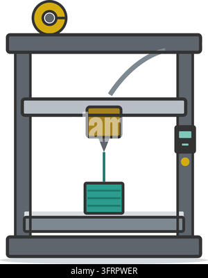 Flache Vektorillustration eines 3D-Druckers mit einer Filamentrolle und einem Extruder, der einen türkisfarbenen Würfel druckt, isoliert auf weißem Hintergrund. Stock Vektor
