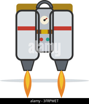 Flache Vektorillustration eines Jetpacks mit zwei Kraftstofftanks, einem Druckmesser und hellen Raketenflammen, isoliert auf Weiß. Stock Vektor