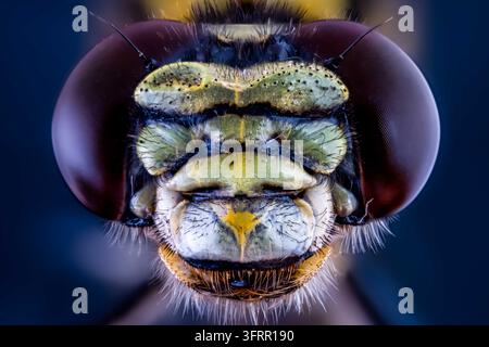 Hochauflösende Makro-Fokus-Stapelaufnahme eines Wespenkopfes, die das gelbe Muster und die großen dunklen Facettenaugen hervorhebt. Stockfoto