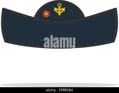 Flaches Vektorsymbol eines schwarzen Piraten-Dreispitzhuts mit goldenem Ankeremblem und einer roten Kokarde, Piratenkostüm-Accessoire isoliert auf weißem Hintergrund. Stock Vektor