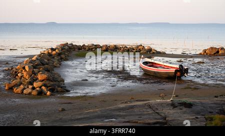 Ein kleines, offenes Motorboot ruht auf einer schlammigen Priel während der Ebbe. Das Boot, weiß, rot und schwarz gestrichen, ist mit einem Seil an das felsige Ufer befestigt. Stockfoto