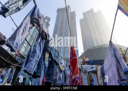 Breite niedrige Ansicht von blauen Jeans, die an Wäscheleinen an der Dhobi Ghat trocknen, mit hohen, verschwommenen Wohntürmen, die dahinter aufragen, Maharashtra, Mumbai, Indien Stockfoto