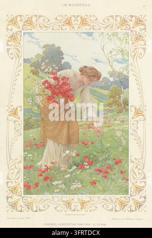 Frau, die Mohnblumen auf einem Blumenfeld sammelt – G. Sturm, 1907 Stockfoto