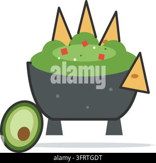 Flache Vektorillustration von Guacamole in einer Steinschale (Molcajete) mit Tortilla-Chips und einer halbierten Avocado daneben, isoliert auf weißem Hintergrund. Stock Vektor