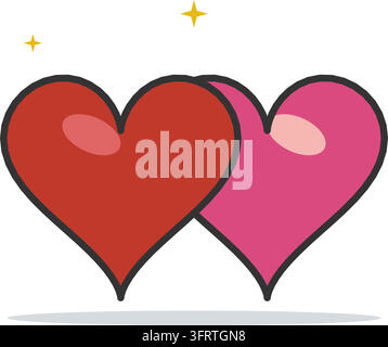 Flaches Vektor-Symbol aus zwei verschlungenen Herzen, ein rotes Herz, das mit einem rosa Herz verwoben ist, Emblem der Liebe und Einheit, isoliert auf weißem Hintergrund. Stock Vektor